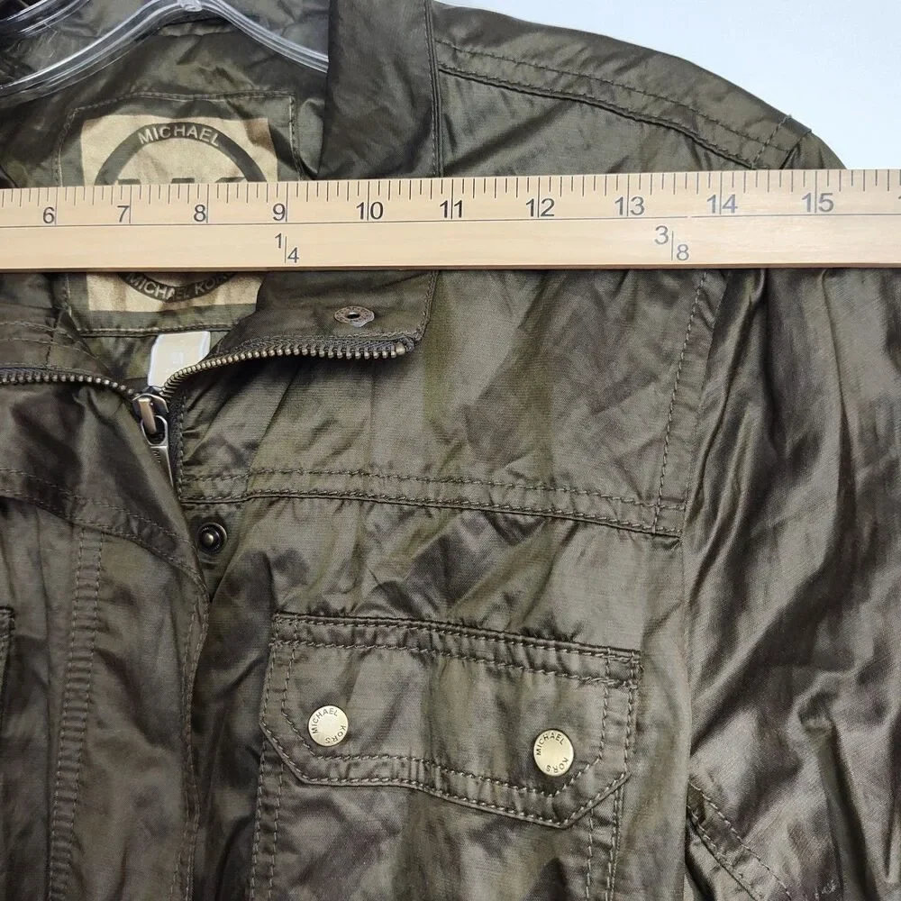 Michael Kors Rain Jacket Women's M Olive Green‎ Belted Full Zip Pockets